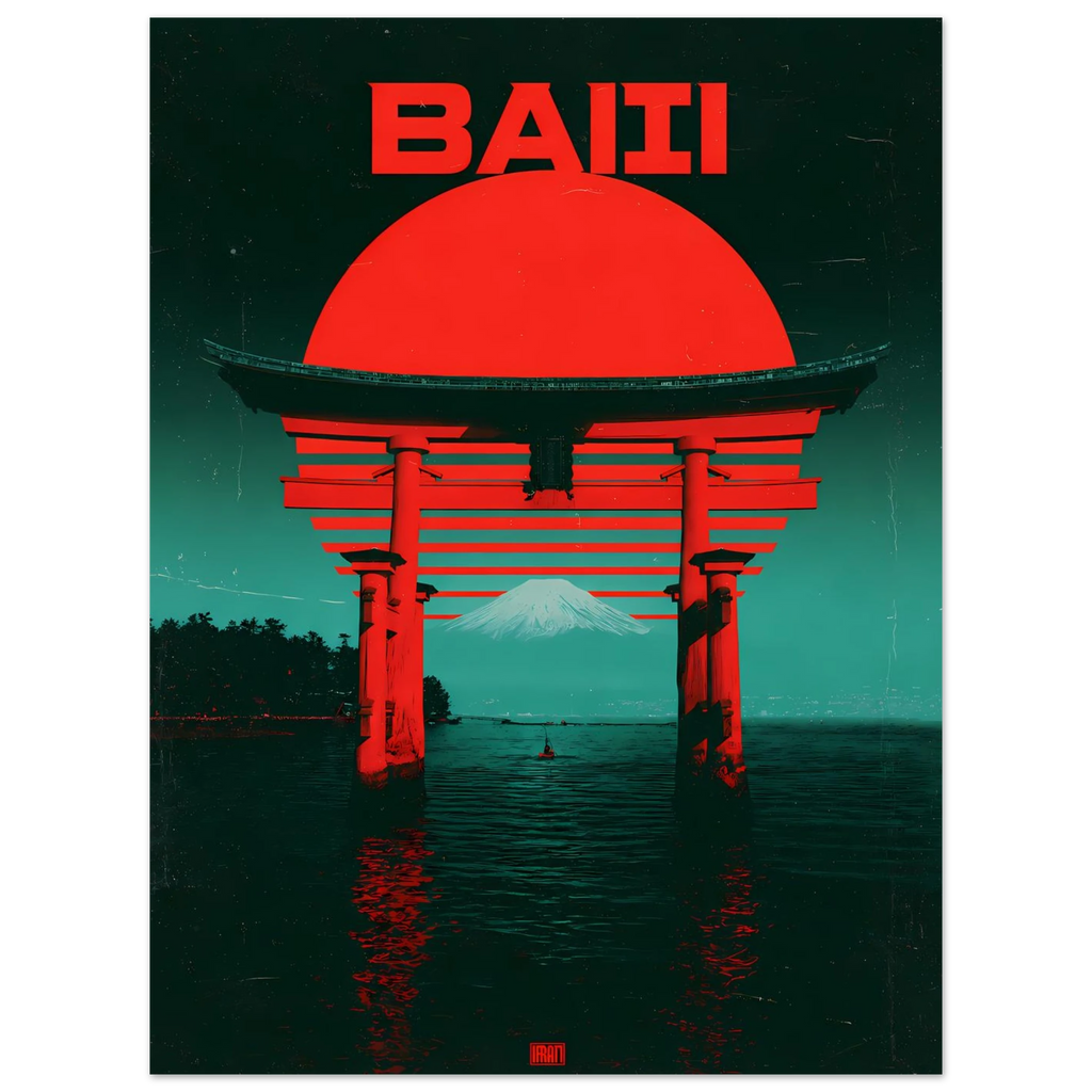 Torii Sunset poster – torii gate silhouette against giant red sun