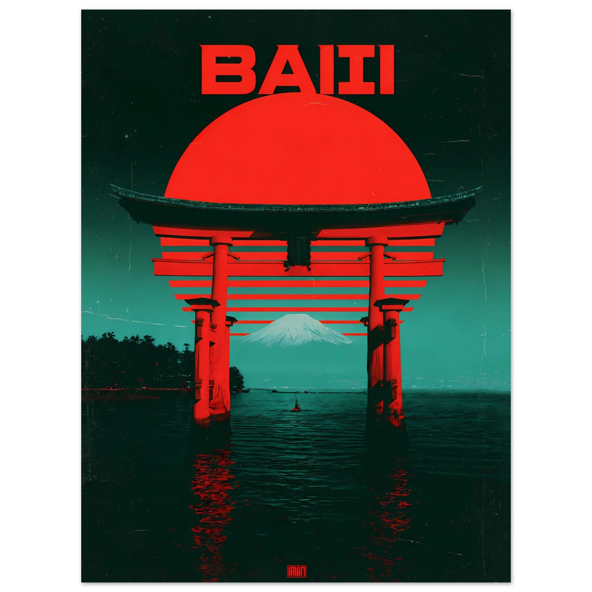 Torii Sunset poster – torii gate silhouette against giant red sun