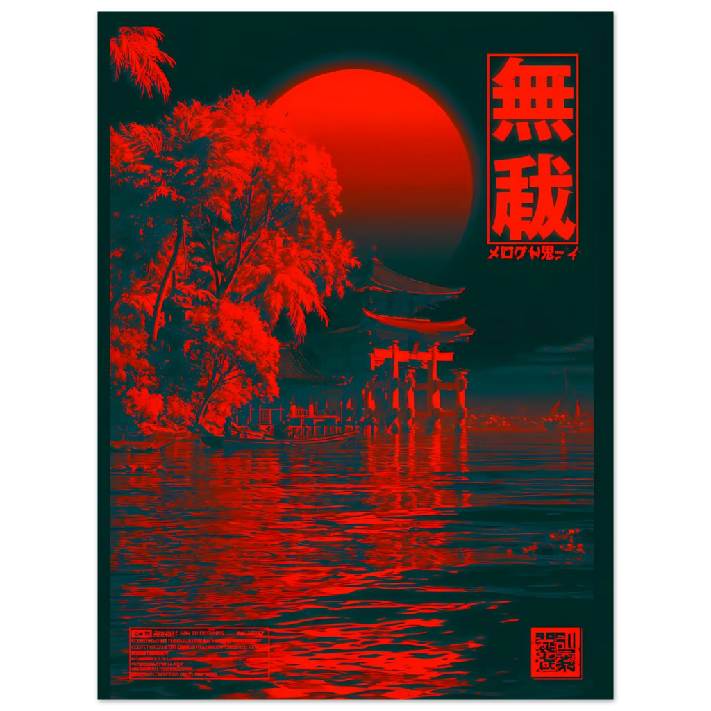 Torii Red poster – red torii gate glowing against dark water