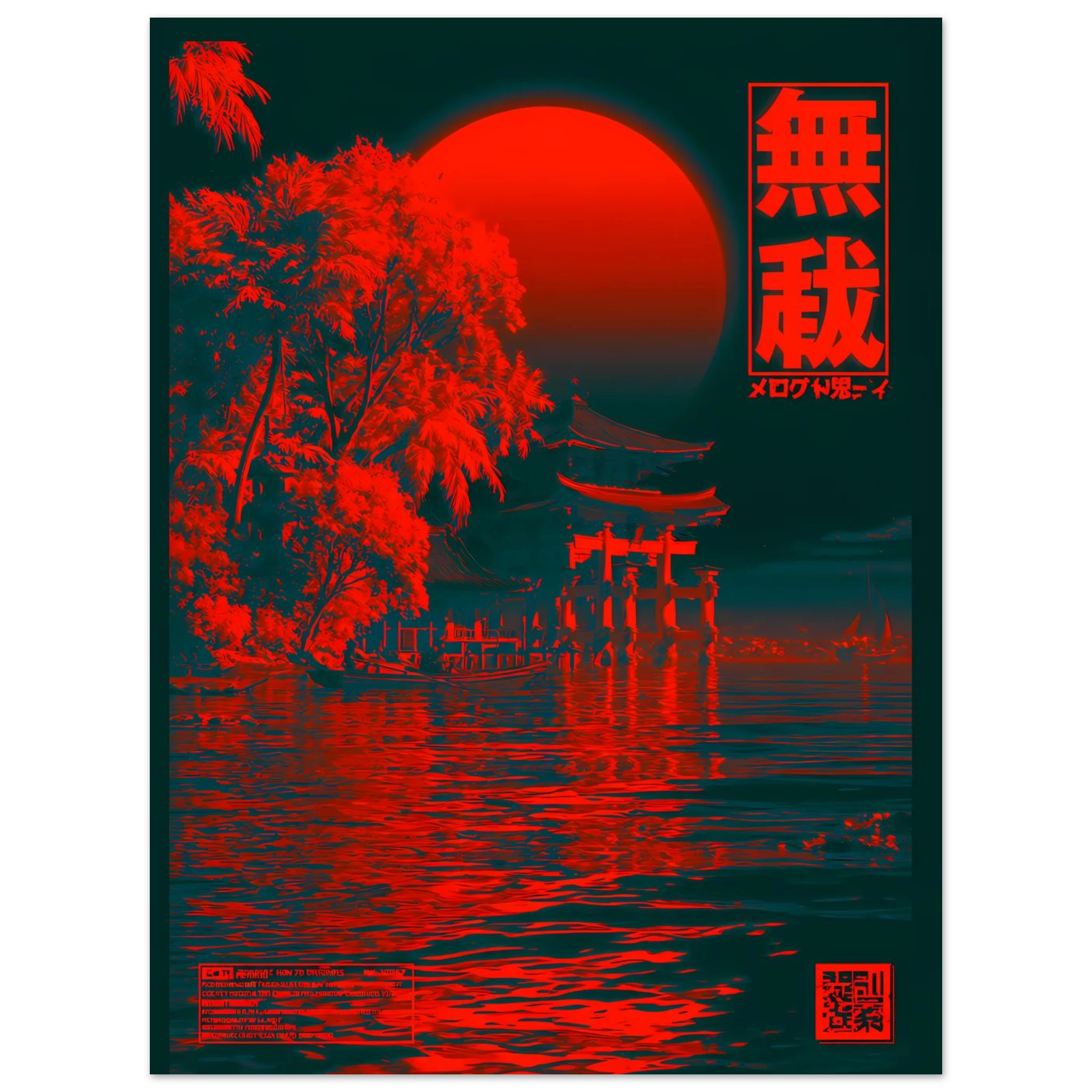 Torii Red poster – red torii gate glowing against dark water