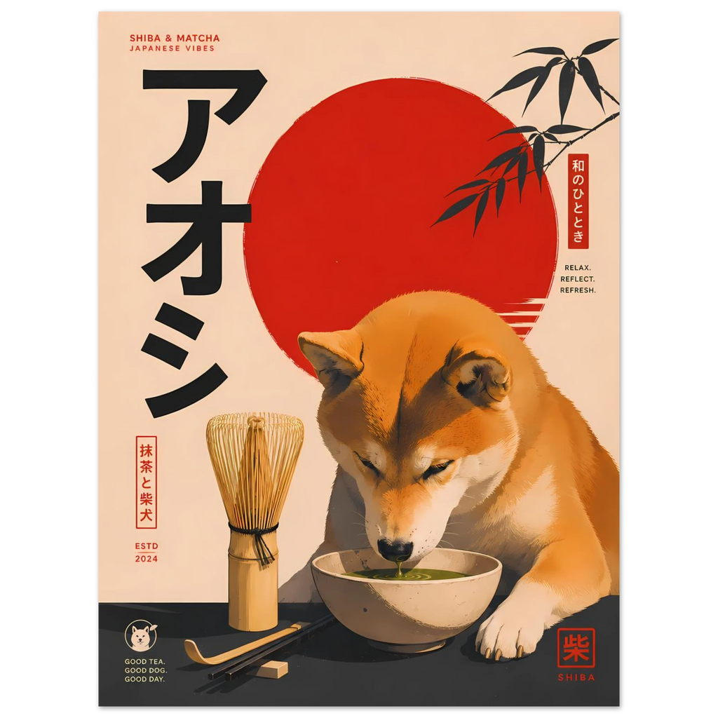 Matcha Dog poster – playful vintage ad with dog and matcha bowl