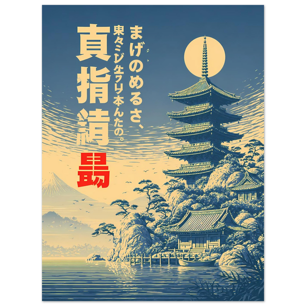 Blue Temple poster – Japanese pagoda by moonlight in blue woodcut style