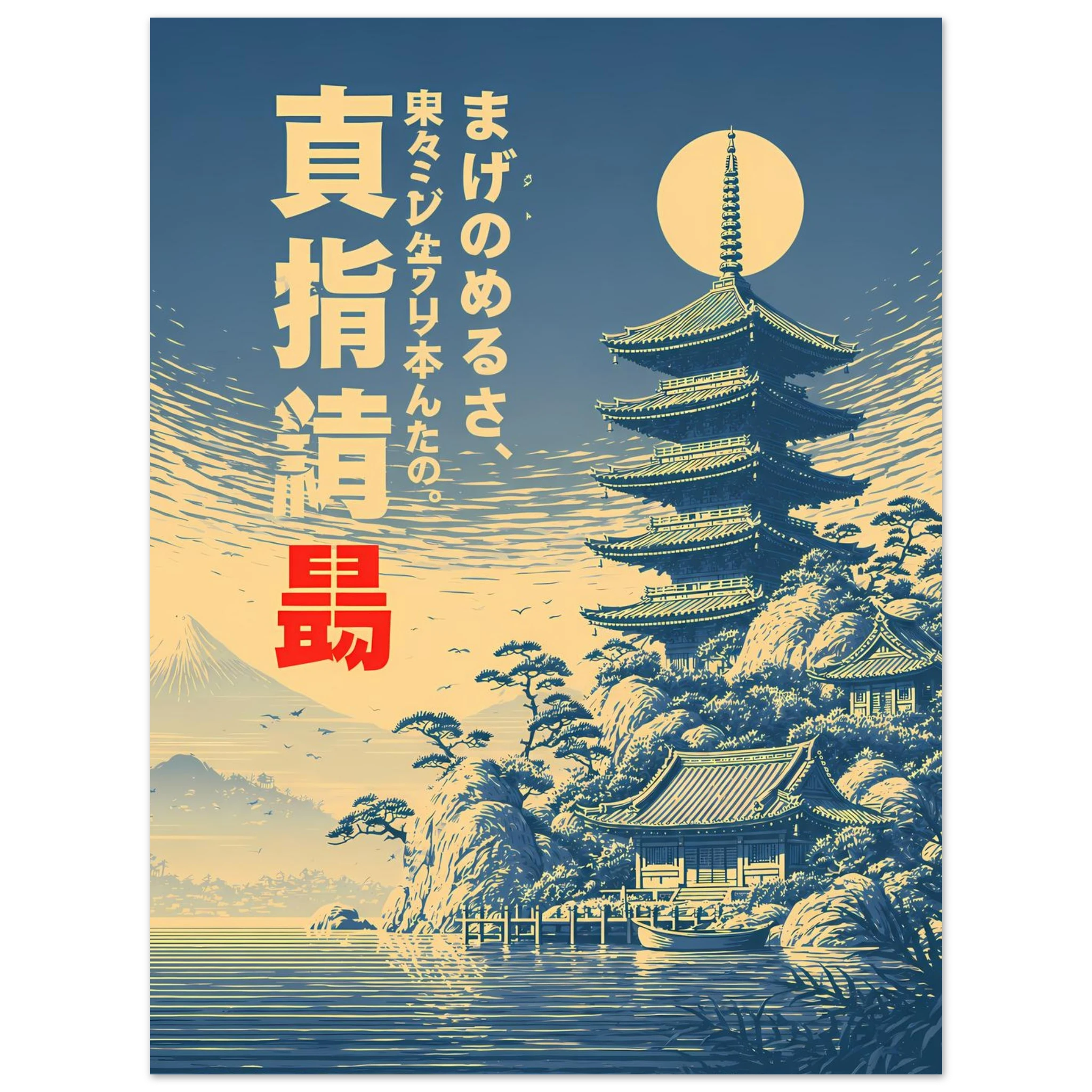Blue Temple poster – Japanese pagoda by moonlight in blue woodcut style