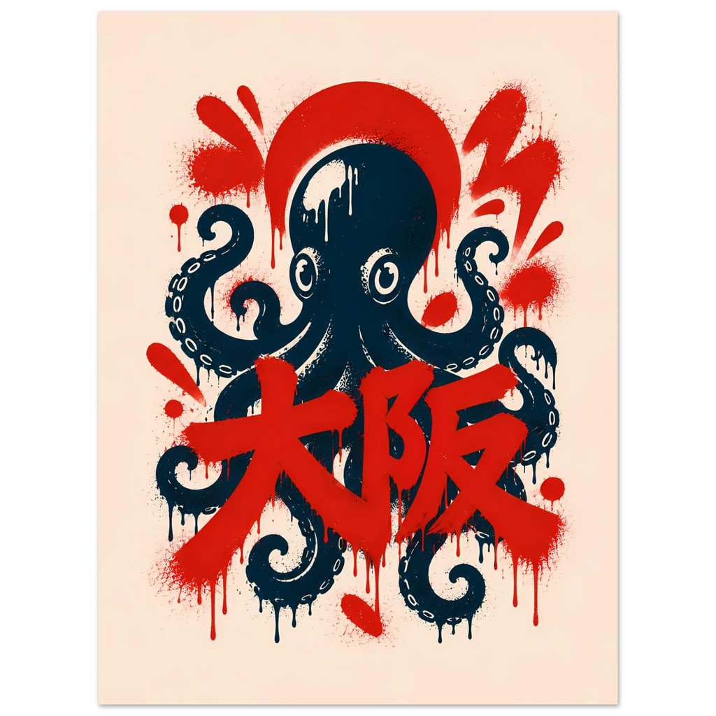 Octupus Grafitti poster – octopus in dripping red and navy graffiti