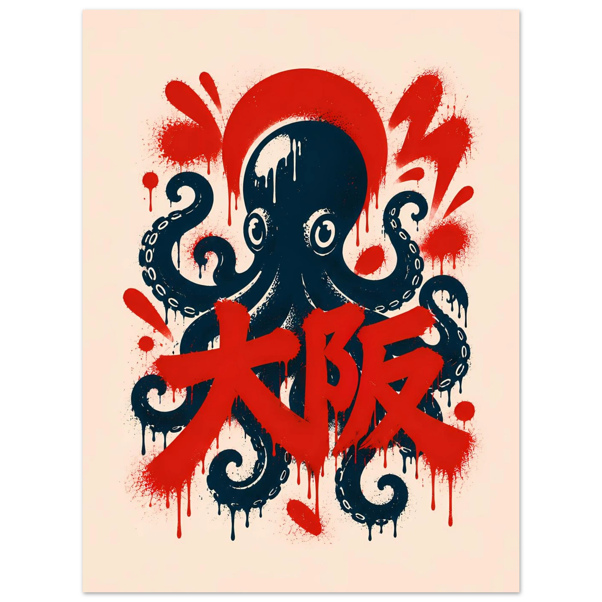 Octupus Grafitti poster – octopus in dripping red and navy graffiti