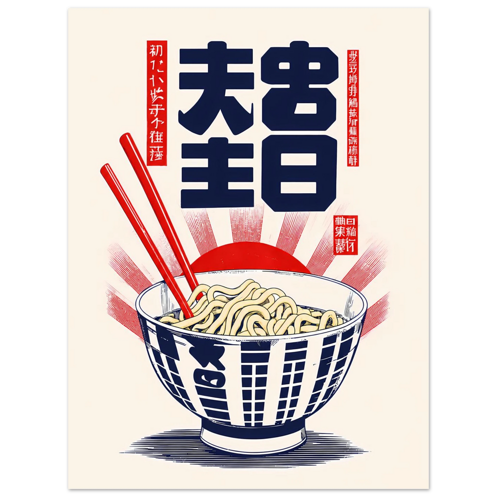 Ramen Bowl poster – vintage ramen bowl ad with chopsticks and sun rays