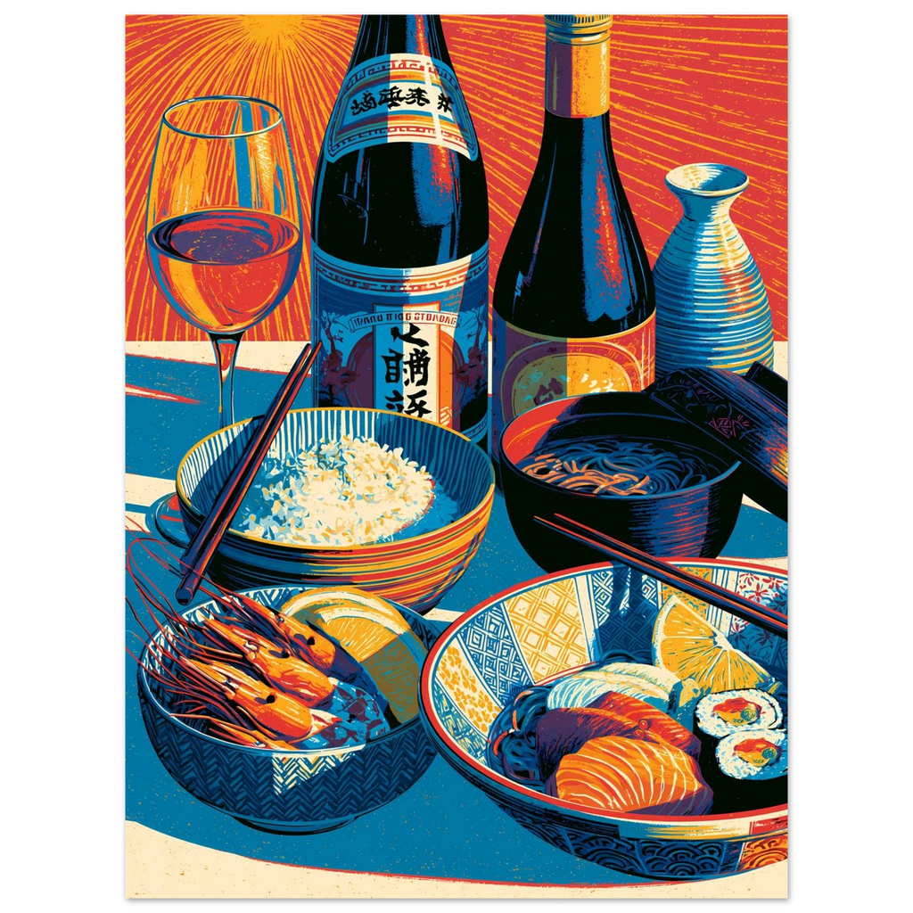 Sake Feast Pop poster – colorful pop-anime sake and izakaya feast