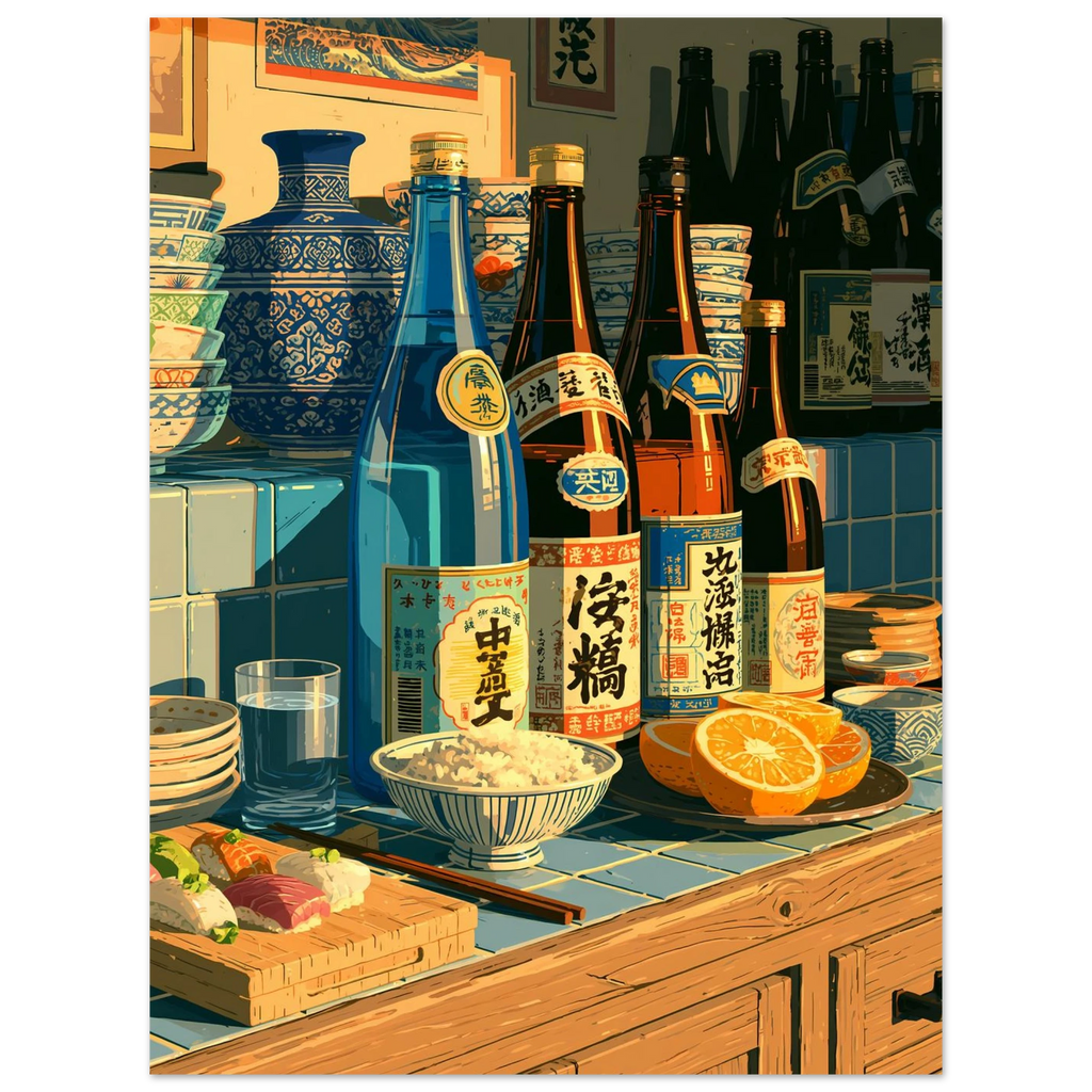 Sake Sushi Counter poster – anime sushi bar with sake bottles