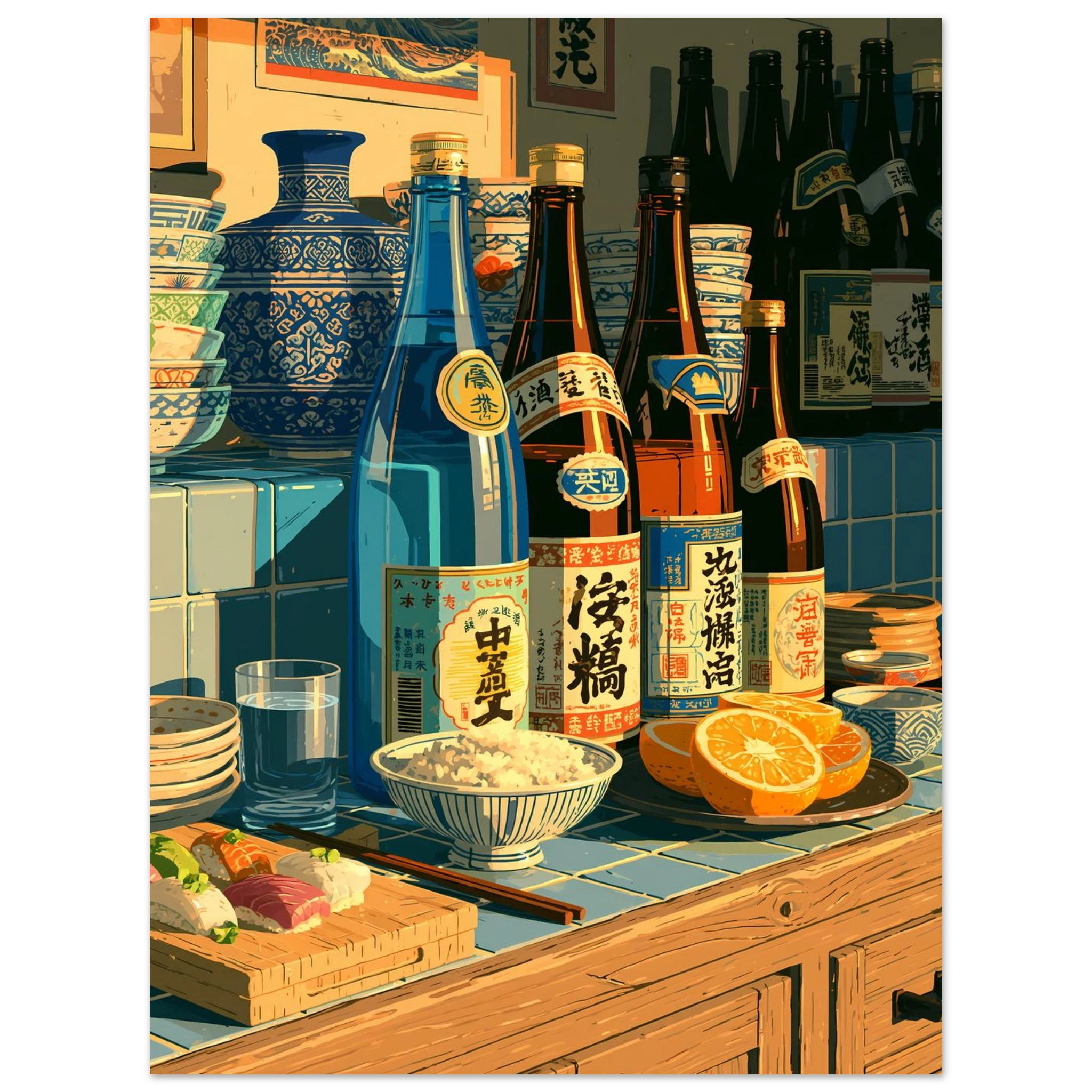 Sake Sushi Counter poster – anime sushi bar with sake bottles