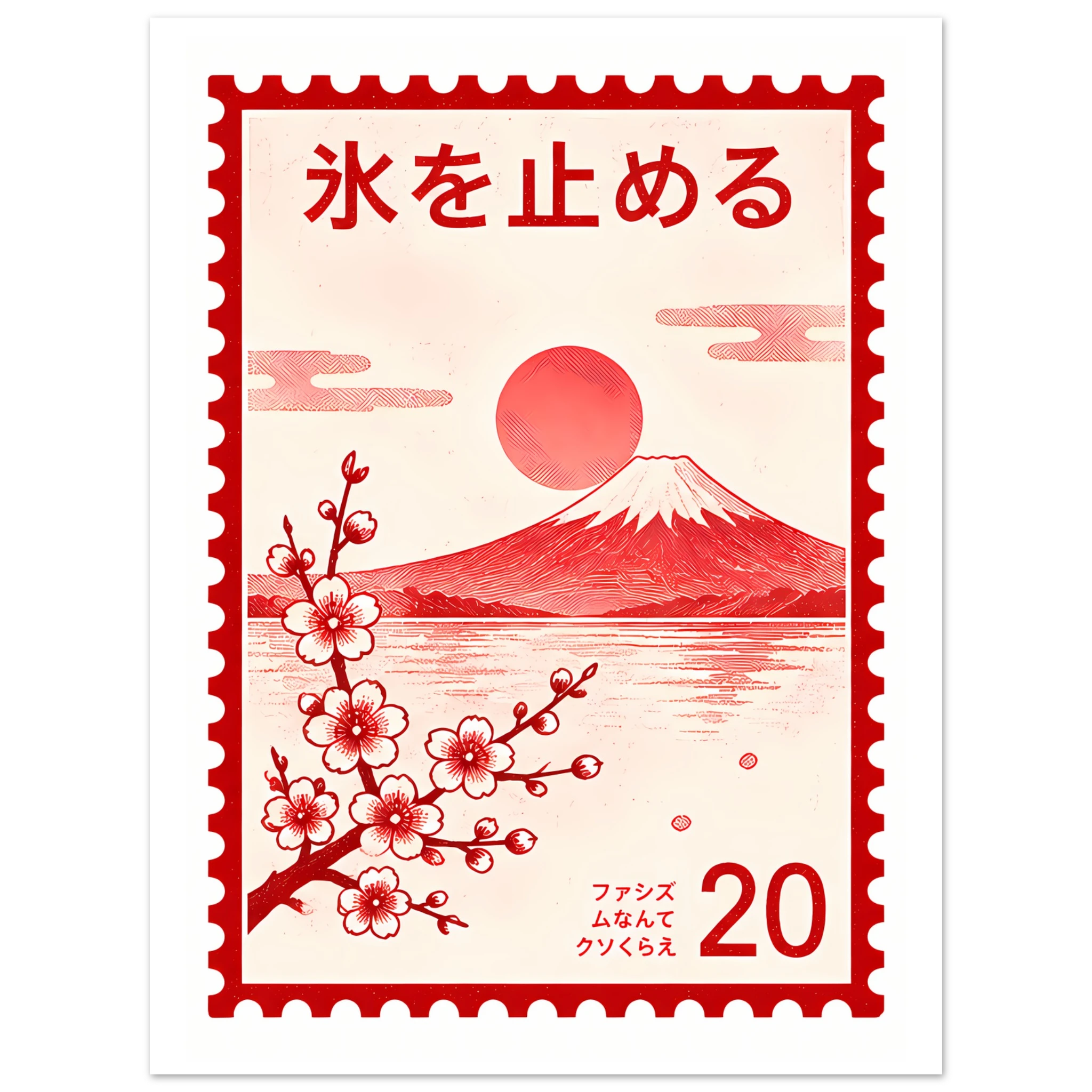 Red Stamp poster – Mount Fuji and blossoms in red postage stamp design