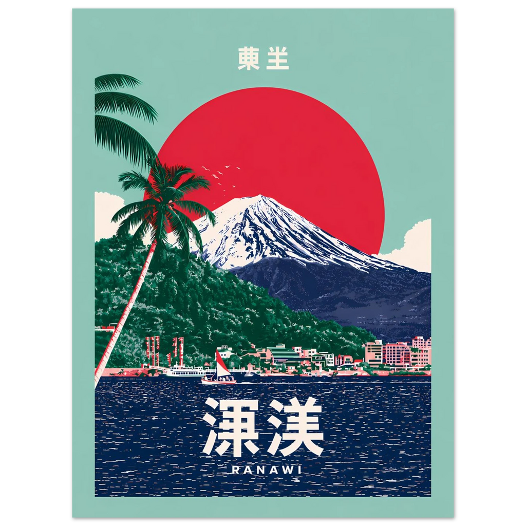 Sea poster – vector Japanese coastal town with Mount Fuji and red sun
