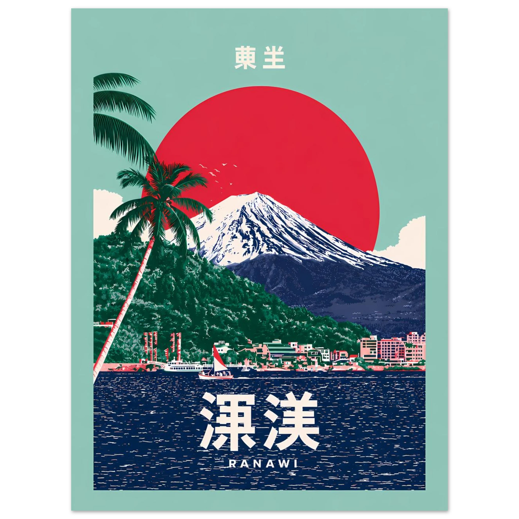 Sea poster – vector Japanese coastal town with Mount Fuji and red sun