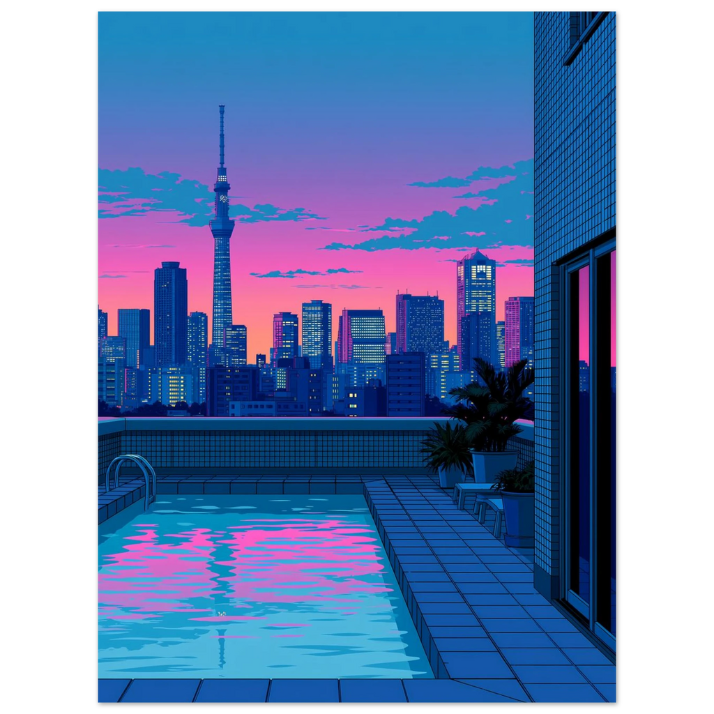 Rooftop Pool poster – rooftop pool reflecting pink Tokyo skyline at dusk