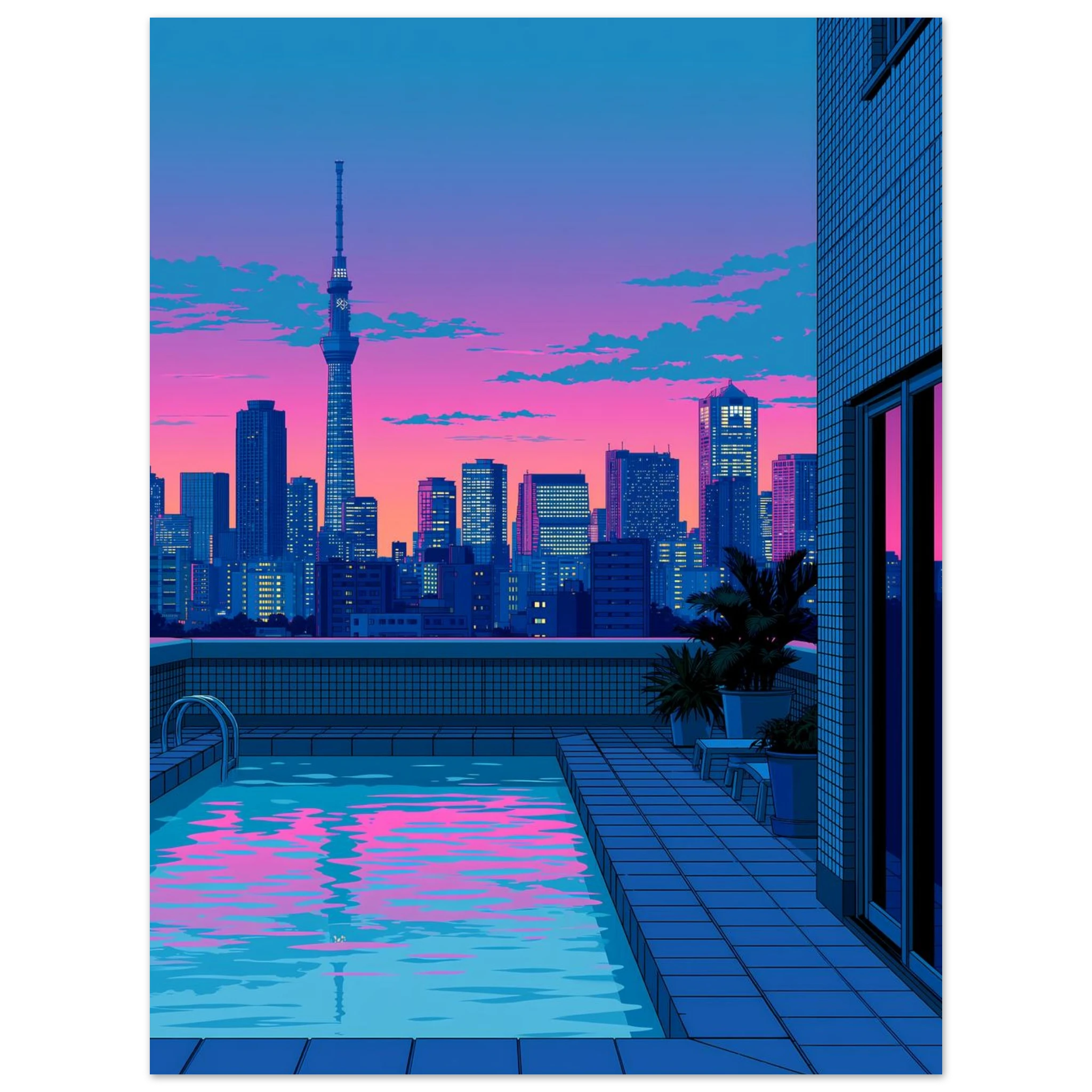 Rooftop Pool poster – rooftop pool reflecting pink Tokyo skyline at dusk