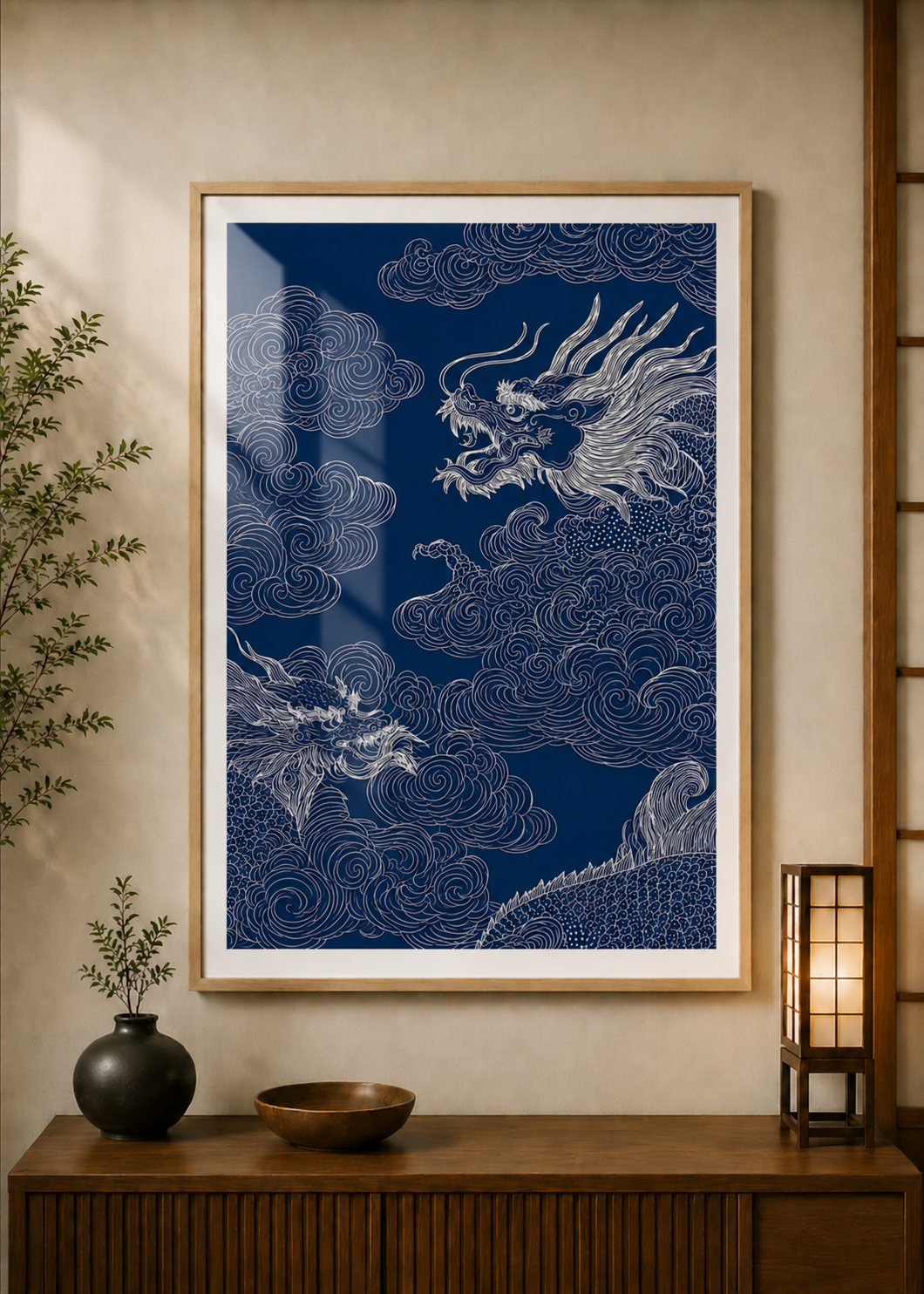 Blue Dragon Cloud poster displayed in a styled room — Japanese wall art mockup