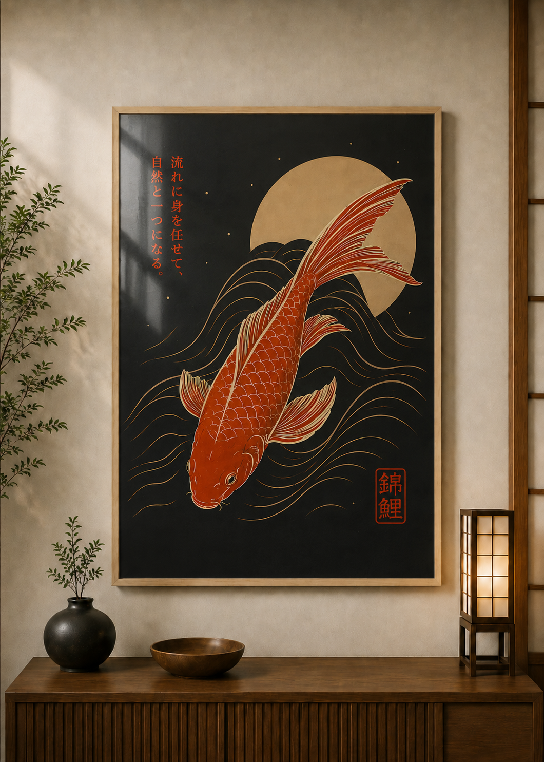 Koi Black poster displayed in a styled room — Japanese wall art mockup