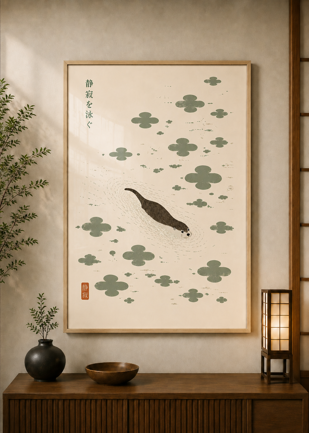 Otter Swimming poster displayed in a styled room — Japanese wall art mockup