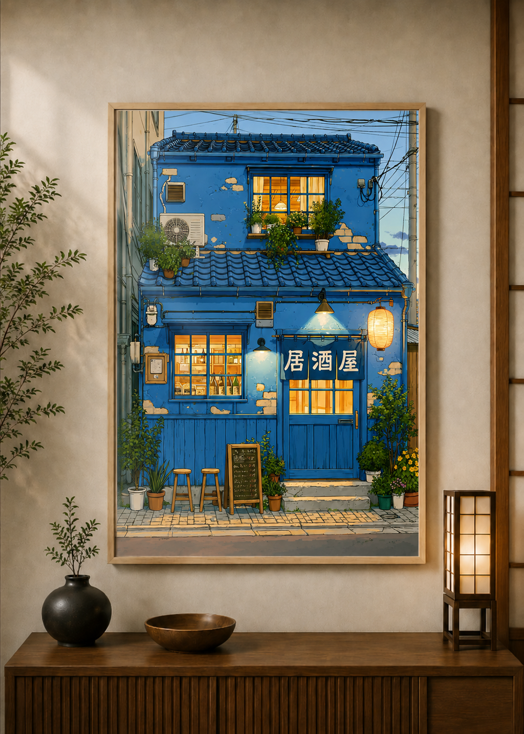 Izakaya Night poster displayed in a styled room — Japanese wall art mockup