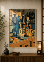 Sake Sushi Counter poster displayed in a styled room — Japanese wall art mockup