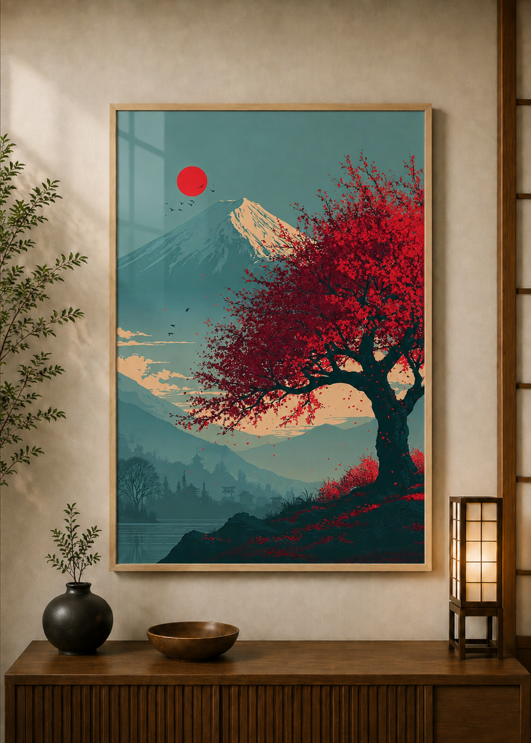 Sakura Fuji poster displayed in a styled room — Japanese wall art mockup