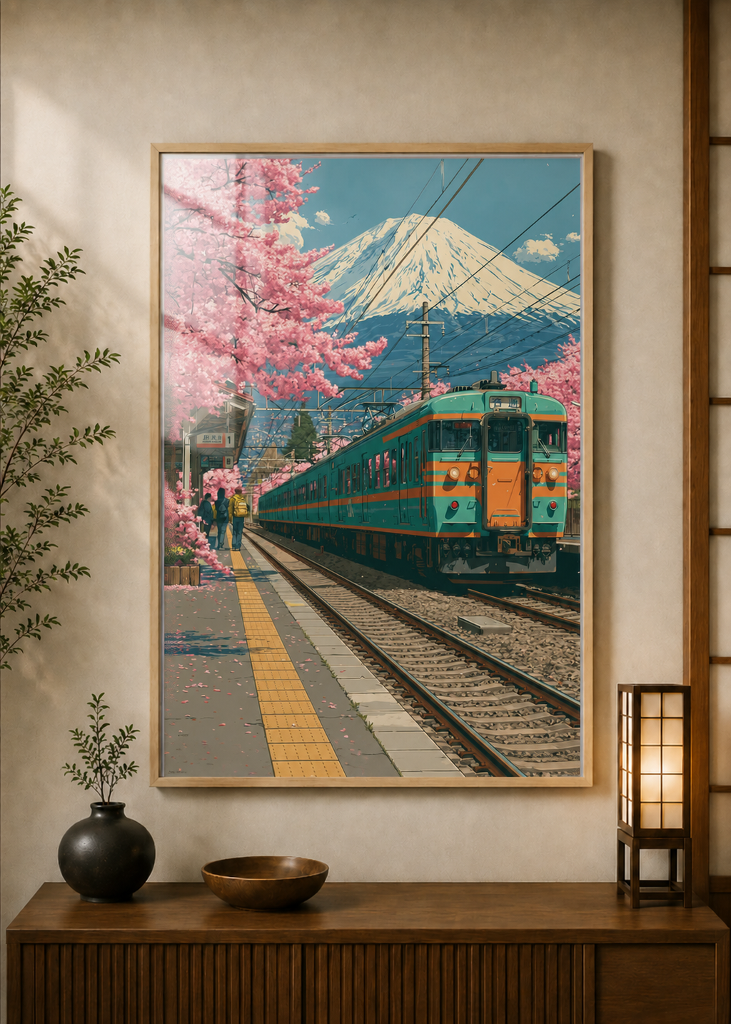 Sakura Train poster displayed in a styled room — Japanese wall art mockup