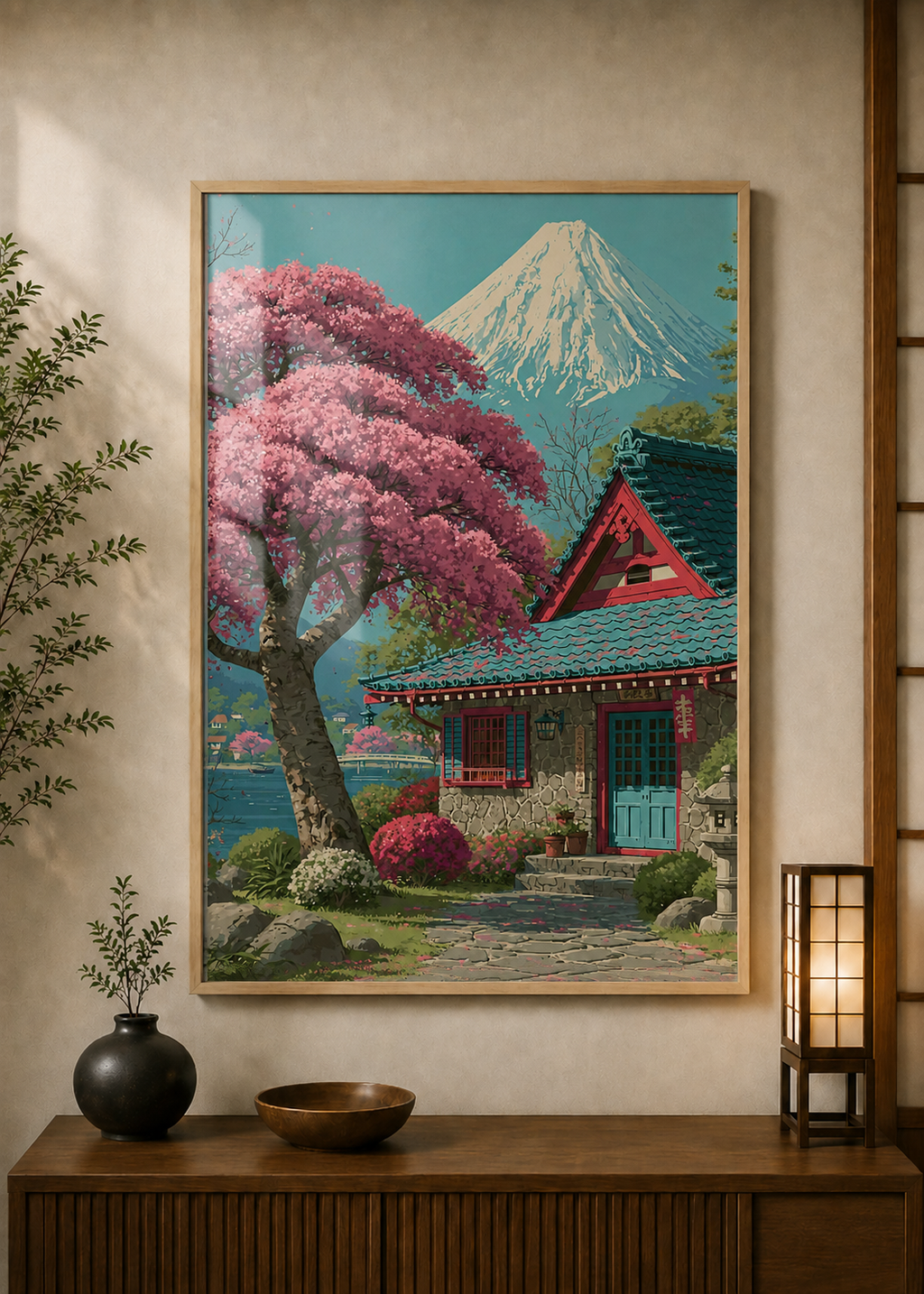 Shrine Sakura poster displayed in a styled room — Japanese wall art mockup