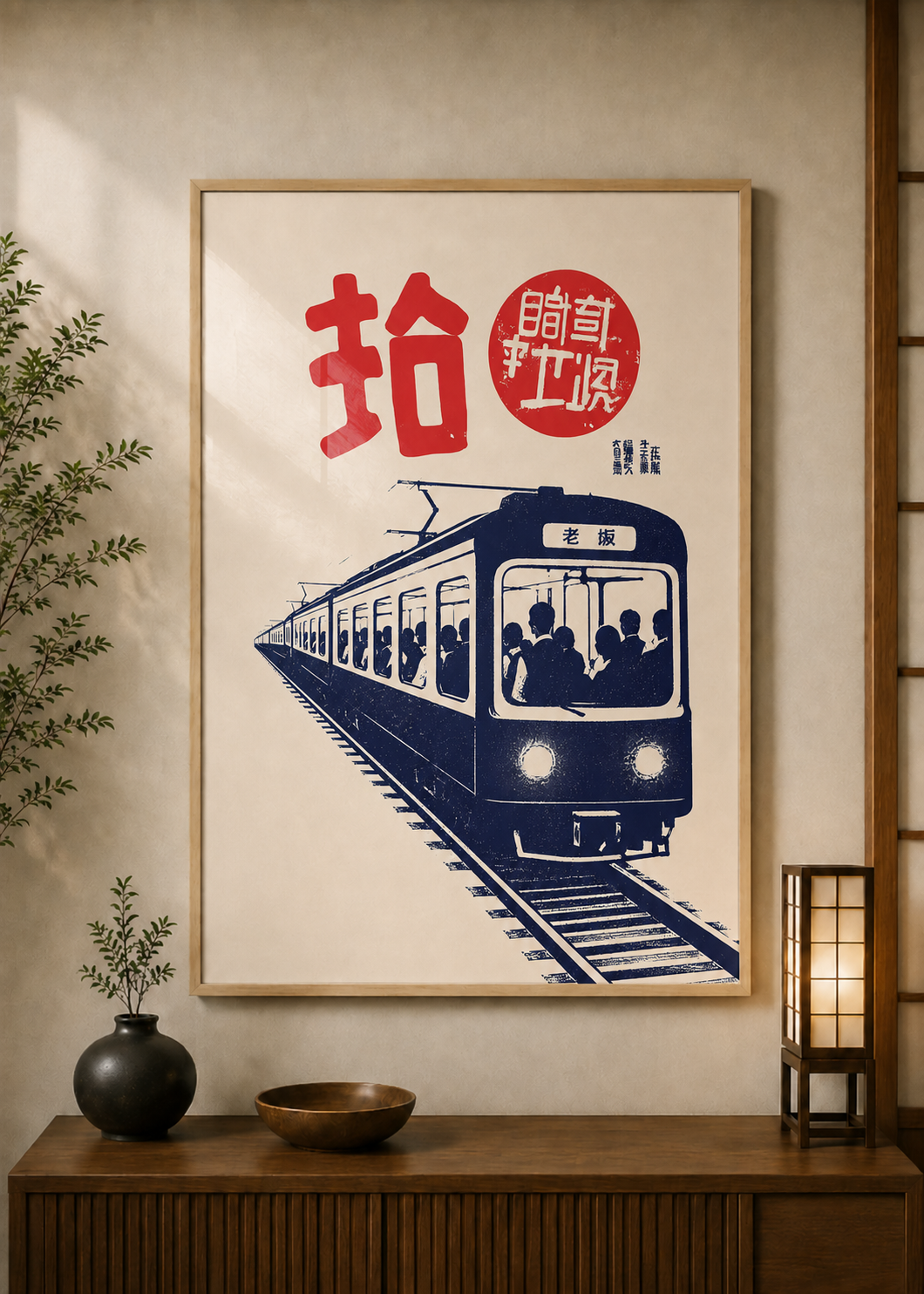 Crowded Train poster displayed in a styled room — Japanese wall art mockup