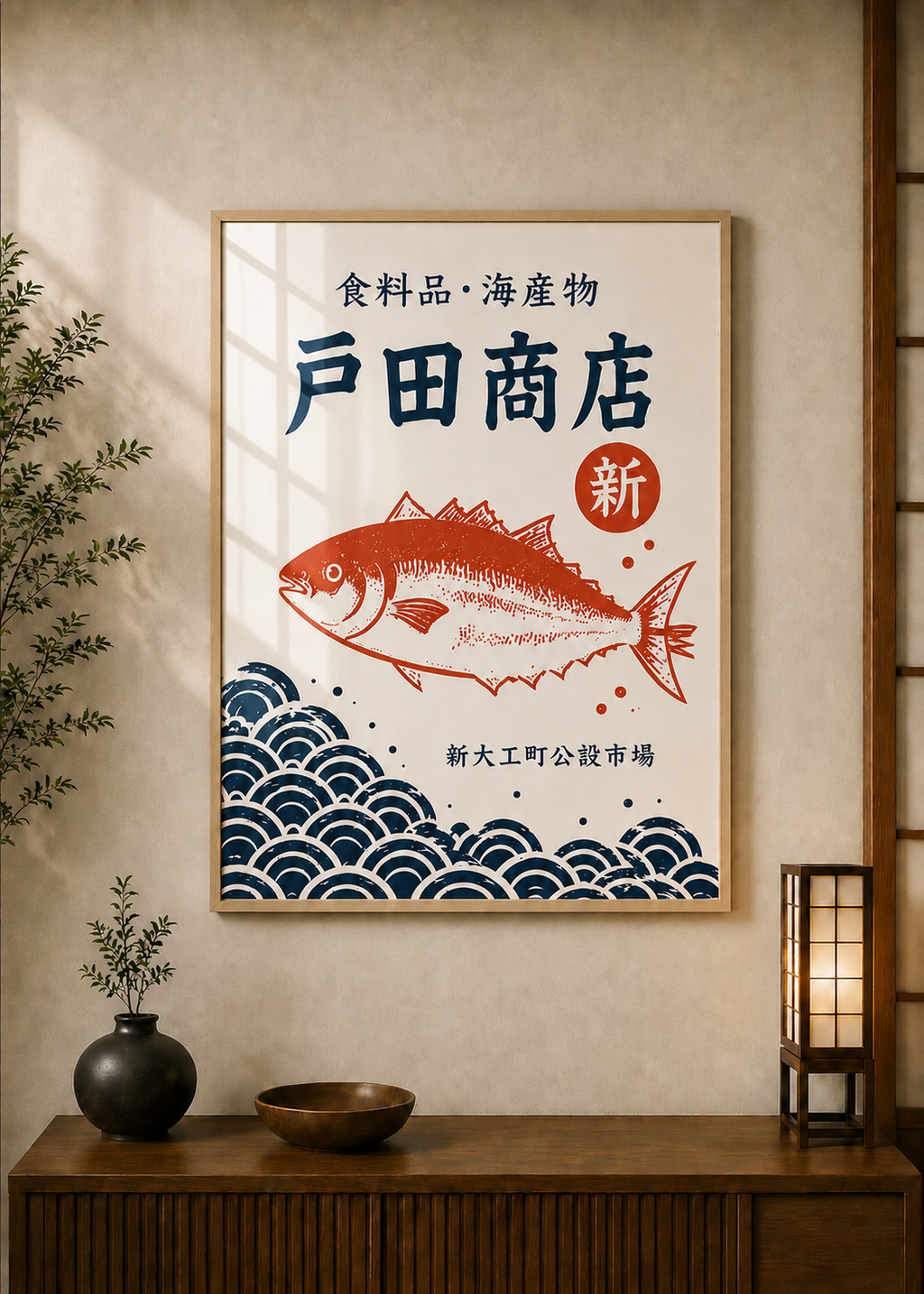 Fish poster displayed in a styled room — Japanese wall art mockup