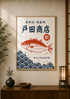 Fish poster displayed in a styled room — Japanese wall art mockup
