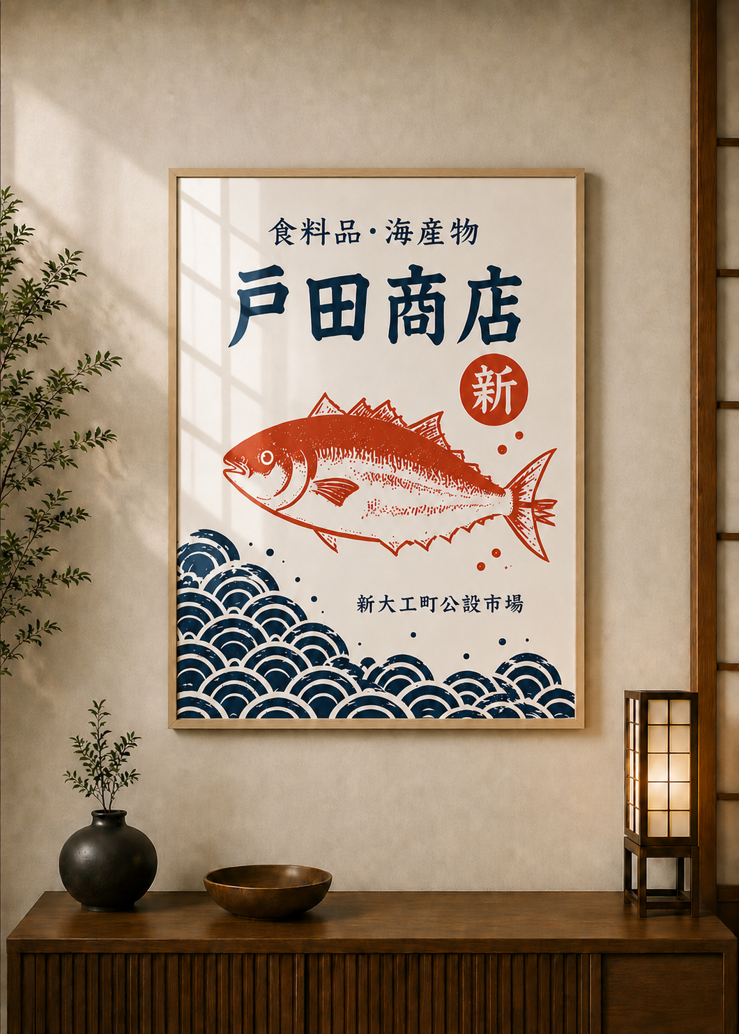 Fish poster displayed in a styled room — Japanese wall art mockup