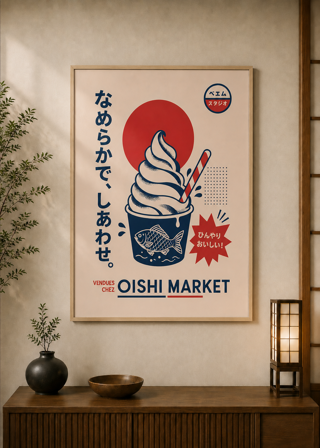 Icecream poster displayed in a styled room — Japanese wall art mockup