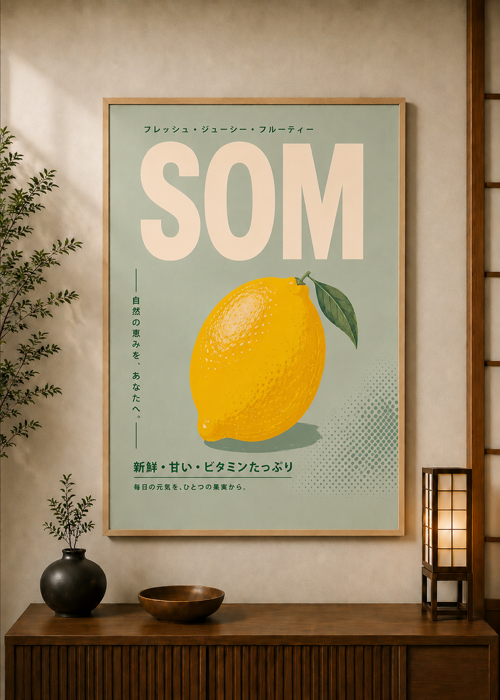 Lemon Green poster displayed in a styled room — Japanese wall art mockup