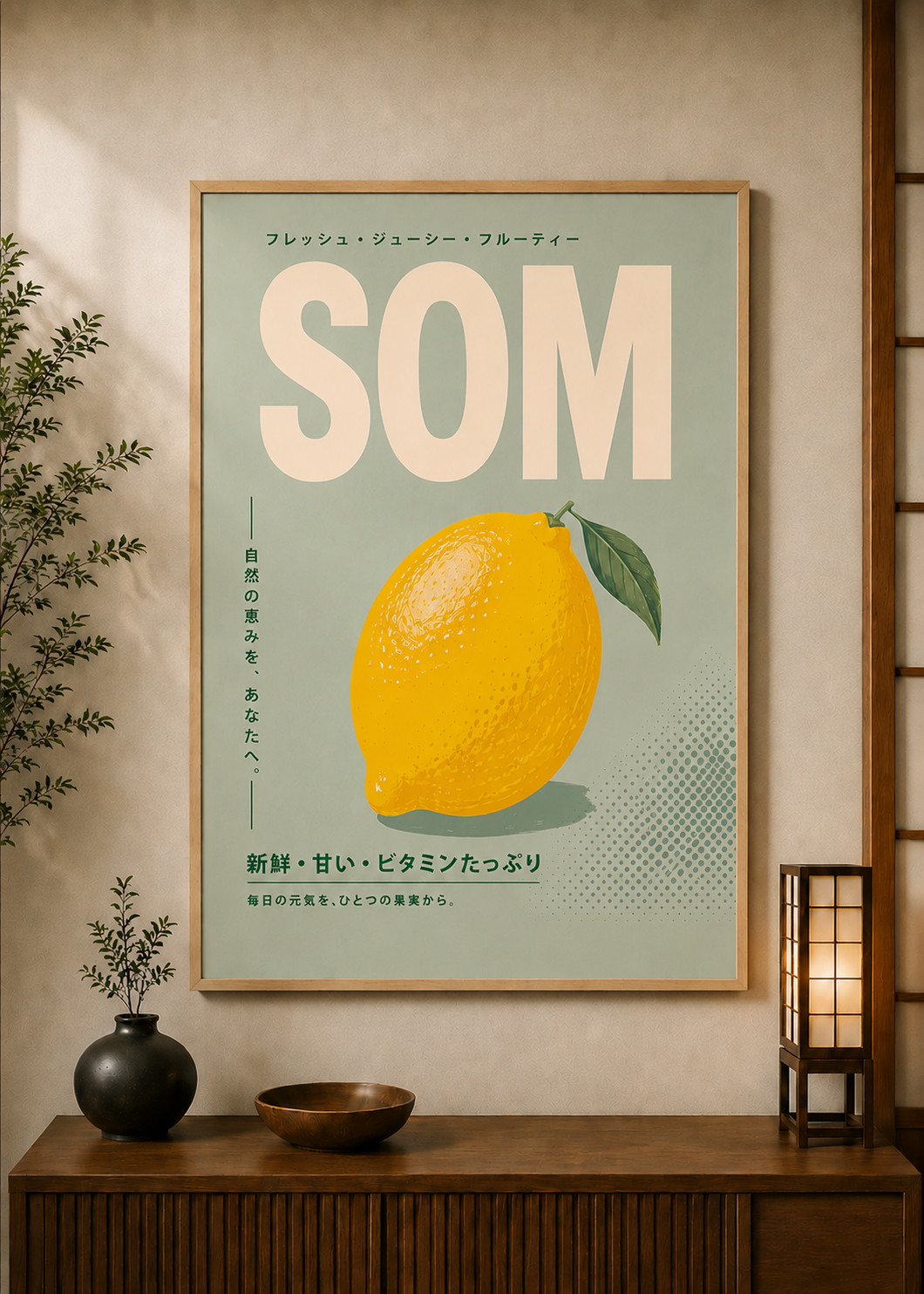 Lemon Green poster displayed in a styled room — Japanese wall art mockup