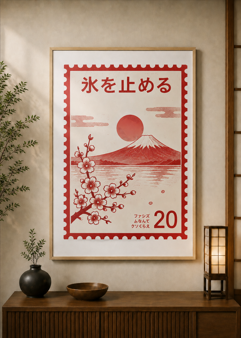 Red Stamp poster displayed in a styled room — Japanese wall art mockup