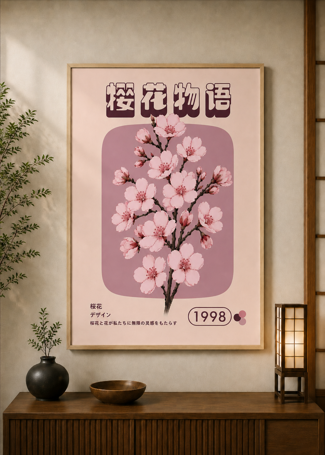 Sakura Branch poster displayed in a styled room — Japanese wall art mockup