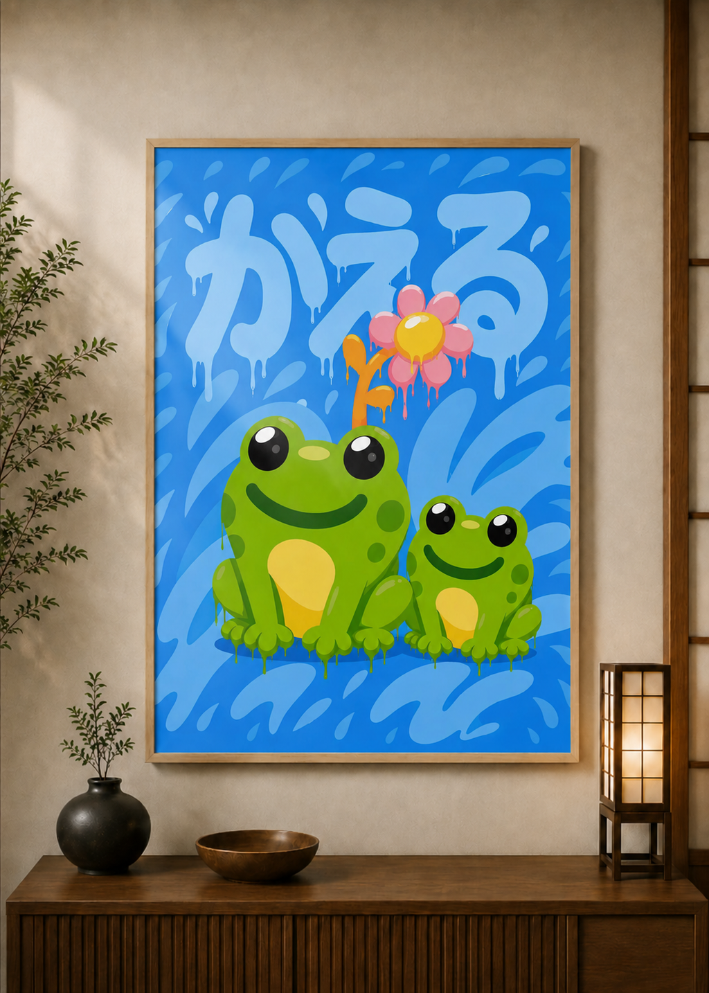 Frogs Grafitti poster displayed in a styled room — Japanese wall art mockup