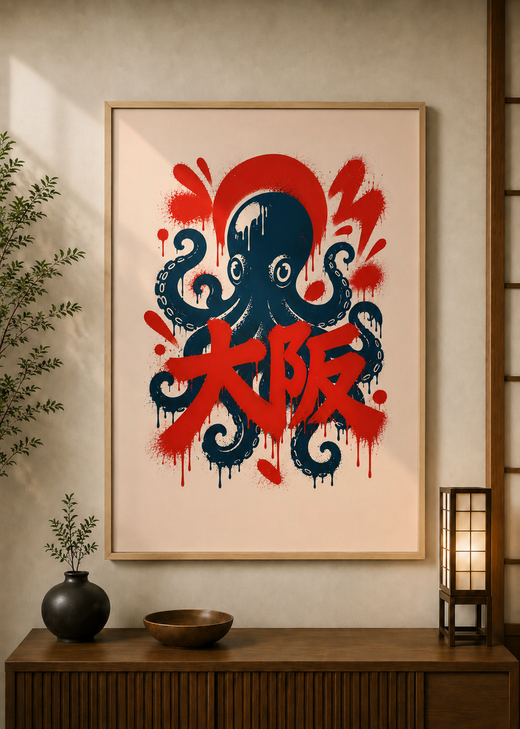 Octupus Grafitti poster displayed in a styled room — Japanese wall art mockup