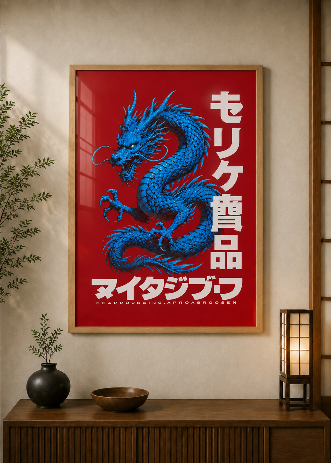 Red Blue Dragon poster displayed in a styled room — Japanese wall art mockup