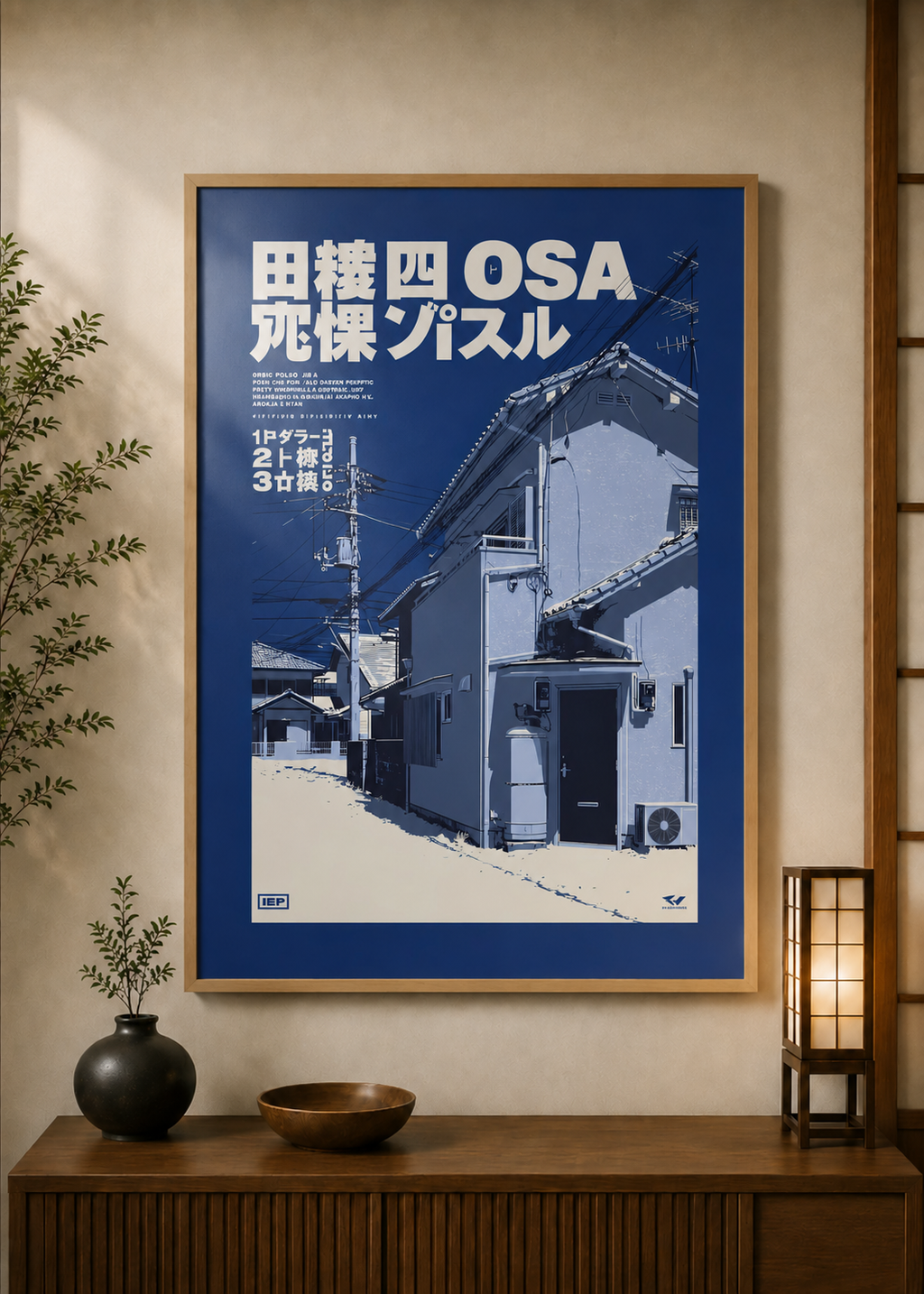 Osaka Alley poster displayed in a styled room — Japanese wall art mockup
