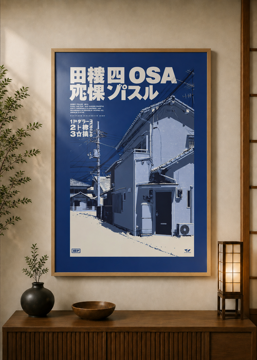 Osaka Alley poster displayed in a styled room — Japanese wall art mockup