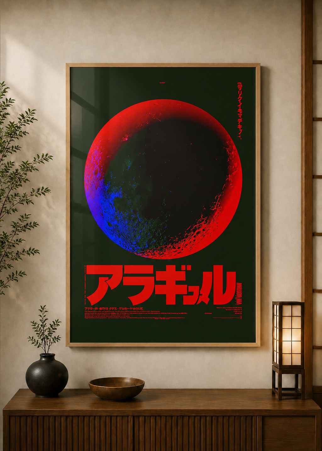 Red Moon poster displayed in a styled room — Japanese wall art mockup