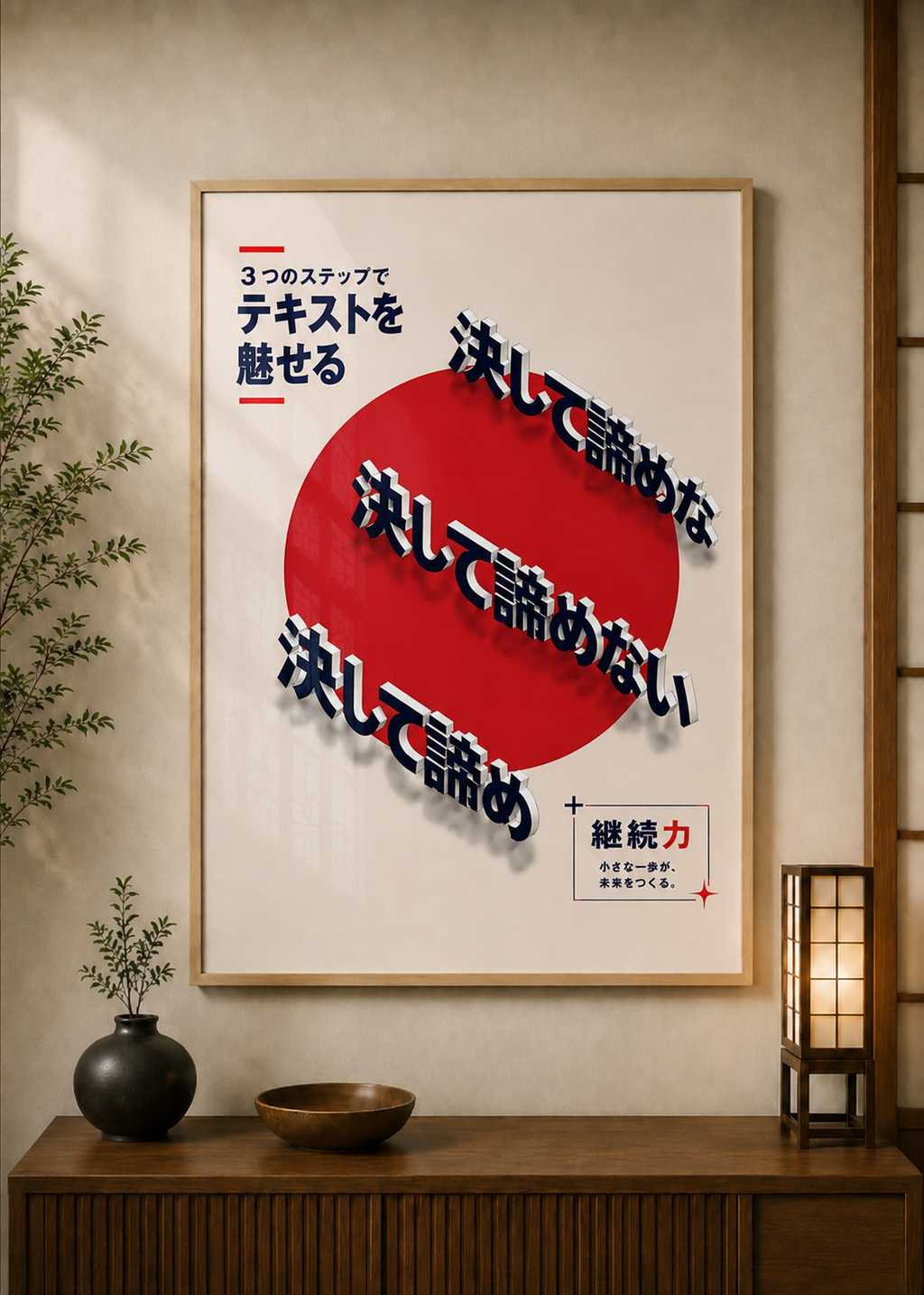 Text poster displayed in a styled room — Japanese wall art mockup