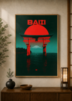 Torii Sunset poster displayed in a styled room — Japanese wall art mockup