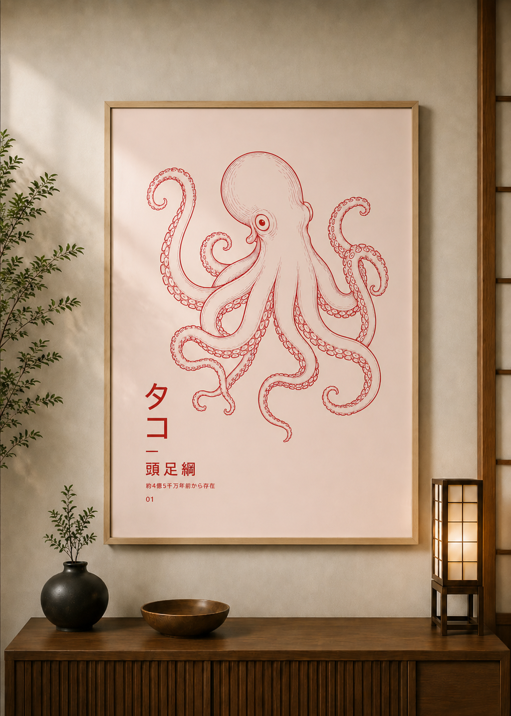 Octupus poster displayed in a styled room — Japanese wall art mockup