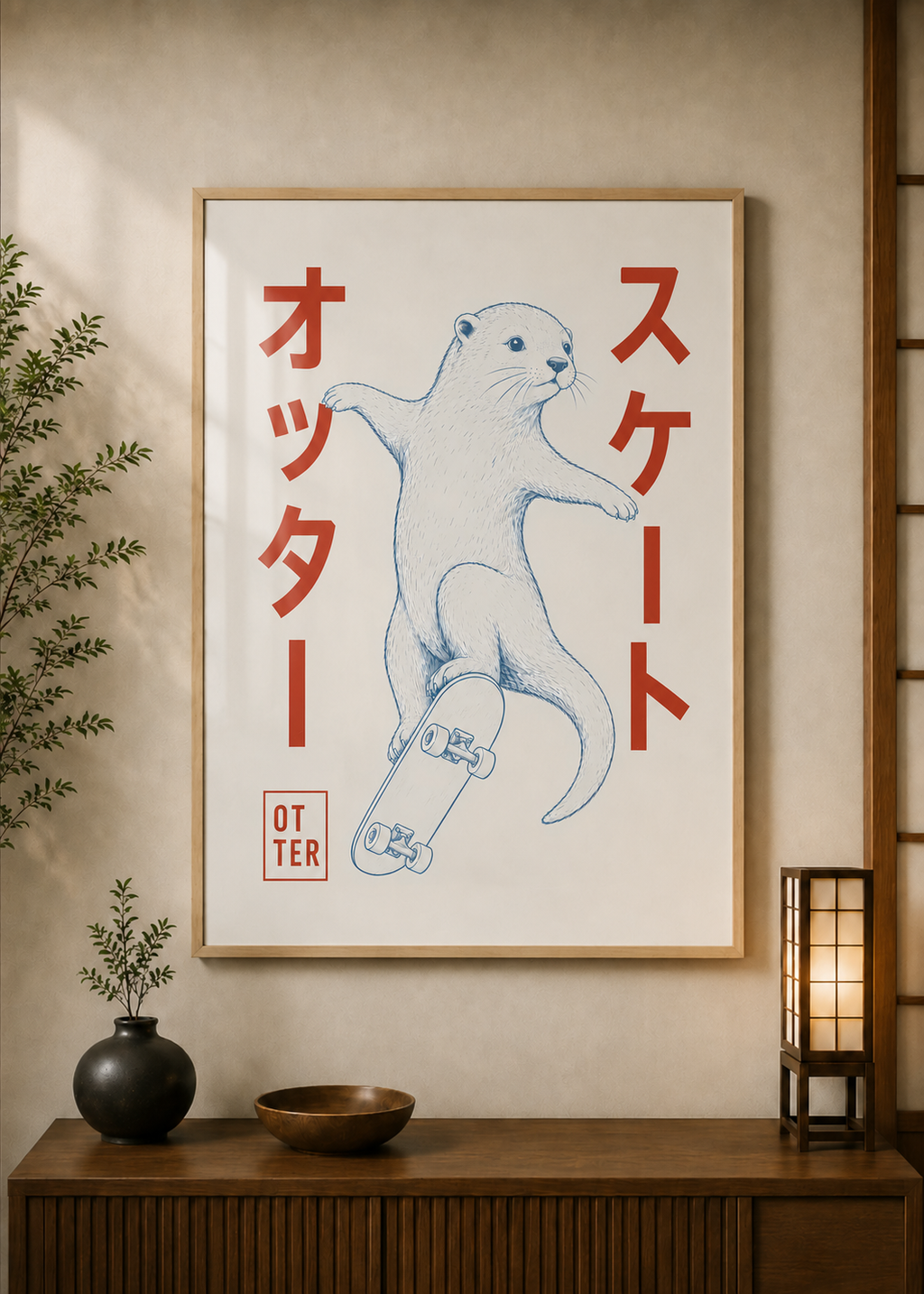 Otter Skater poster displayed in a styled room — Japanese wall art mockup