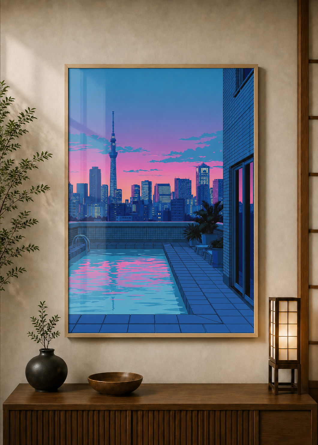 Rooftop Pool poster displayed in a styled room — Japanese wall art mockup