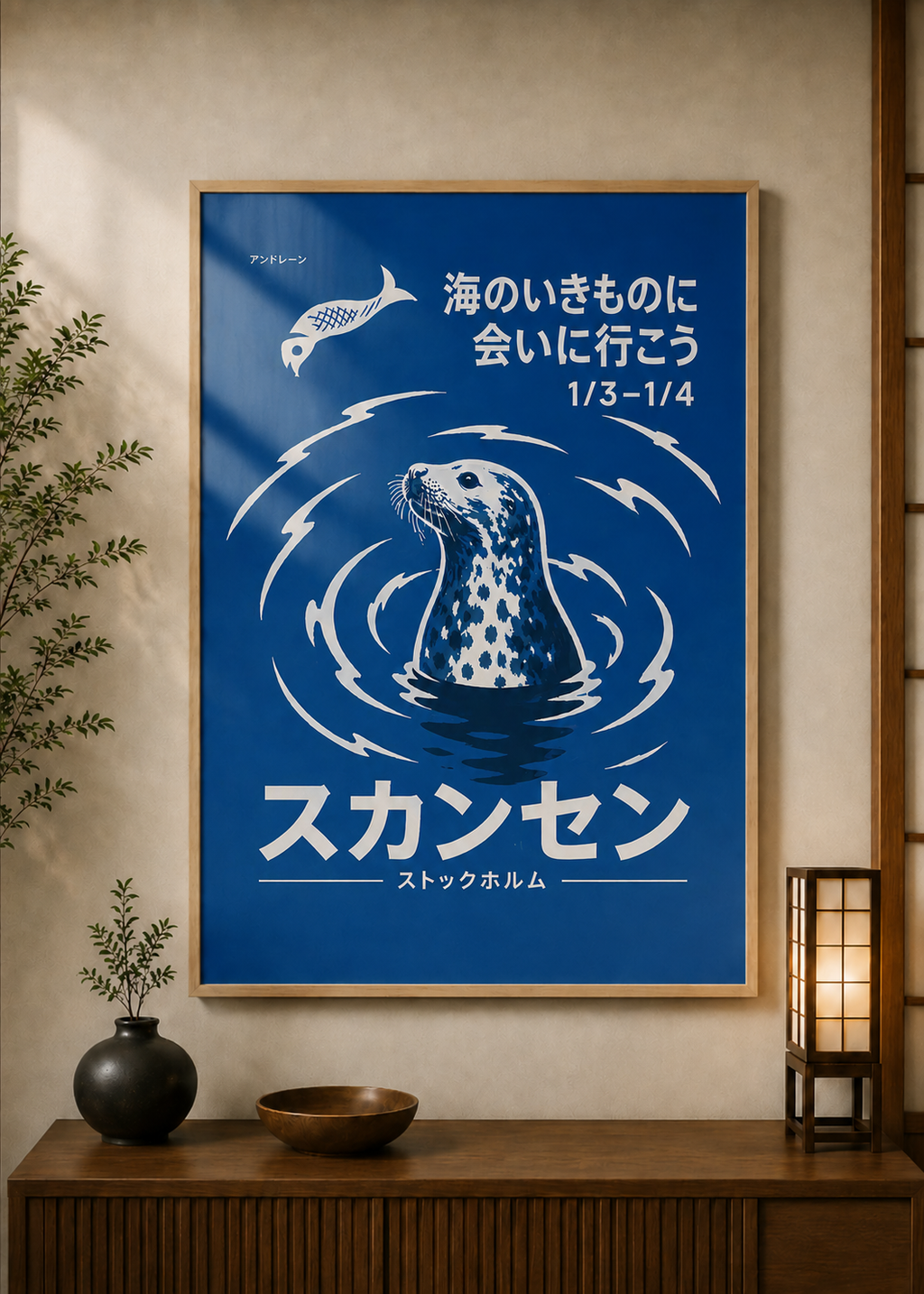 Seal poster displayed in a styled room — Japanese wall art mockup