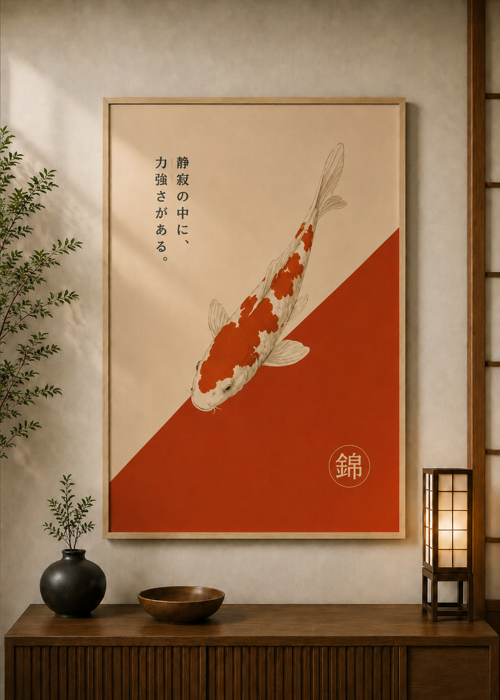 Koi 50 poster displayed in a styled room — Japanese wall art mockup