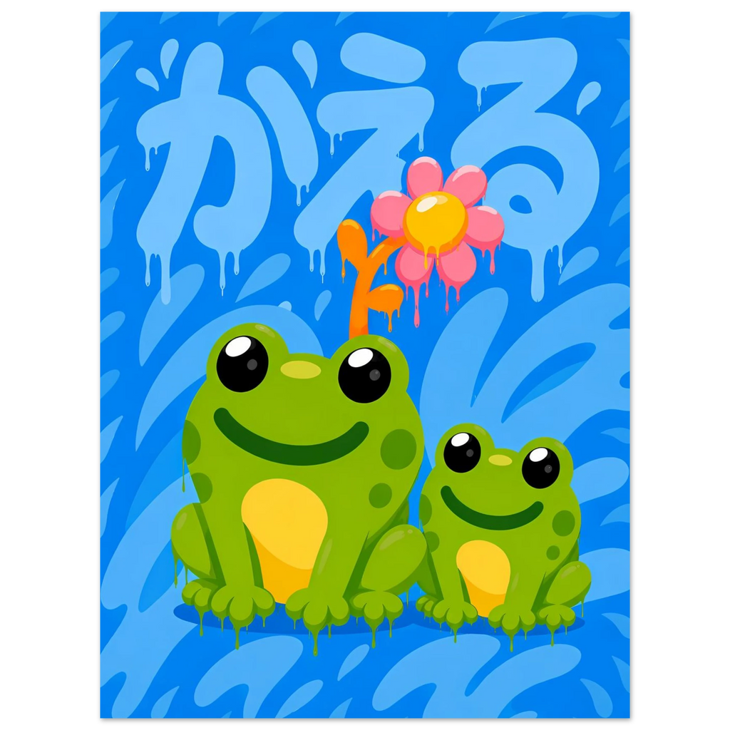 Frogs Grafitti poster – two cartoon frogs in blue graffiti style