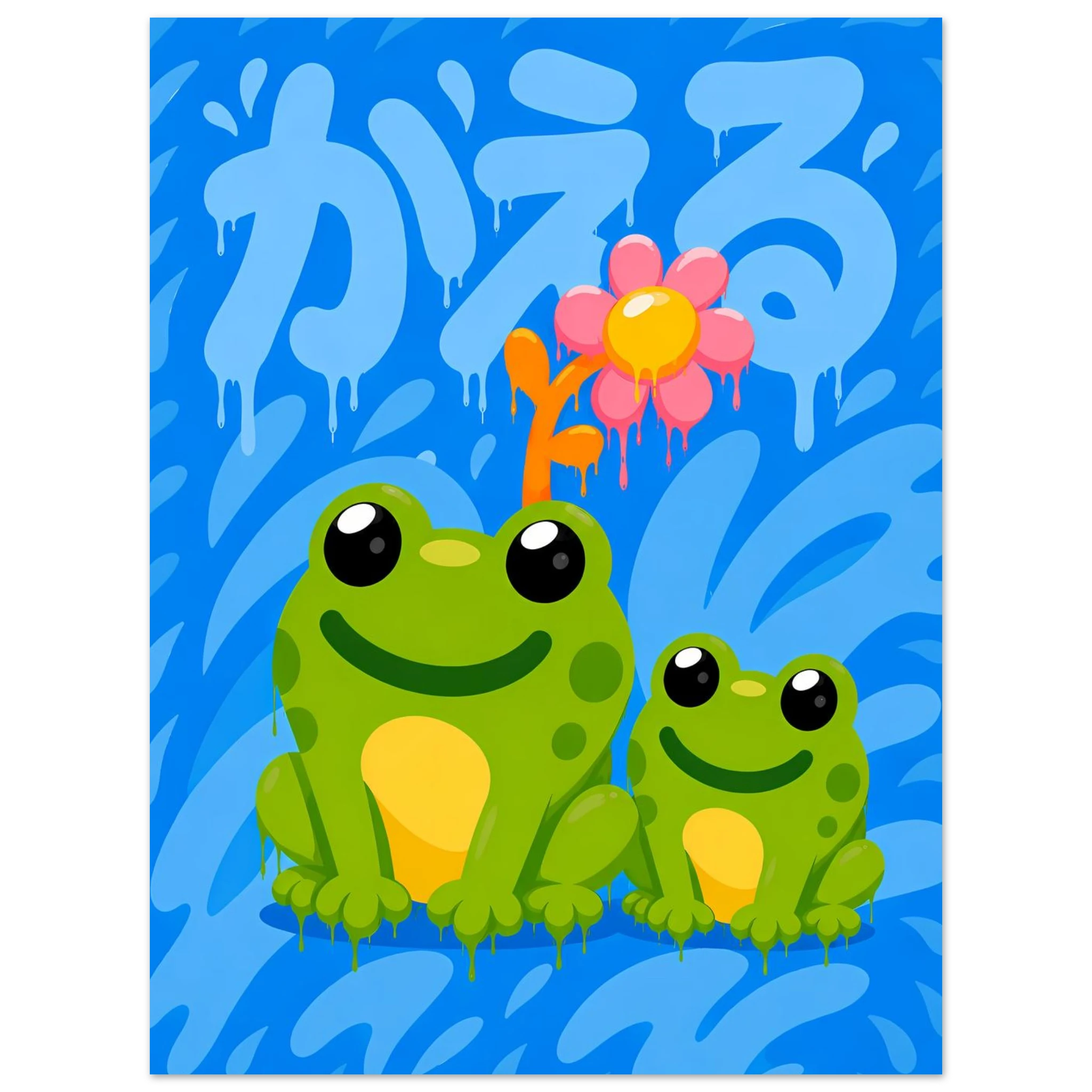 Frogs Grafitti poster – two cartoon frogs in blue graffiti style